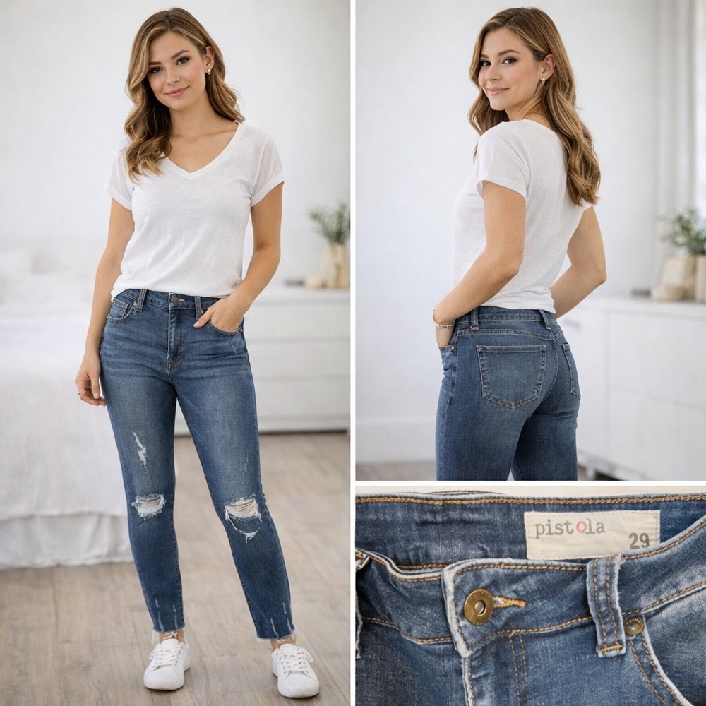 Pistola Distressed Skinny Jeans Medium Wash Raw Hem Denim Size 29